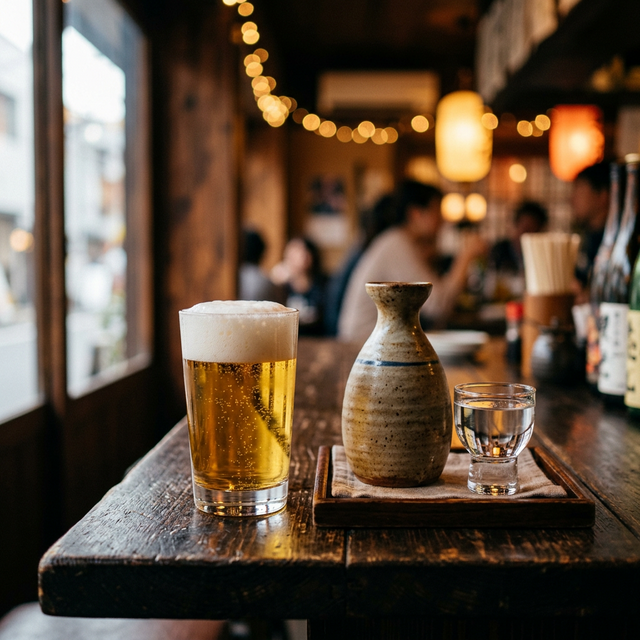 A glass of beer next to a sake cup