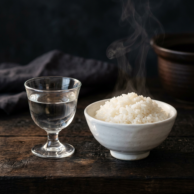 Sake and a bowl of white rice